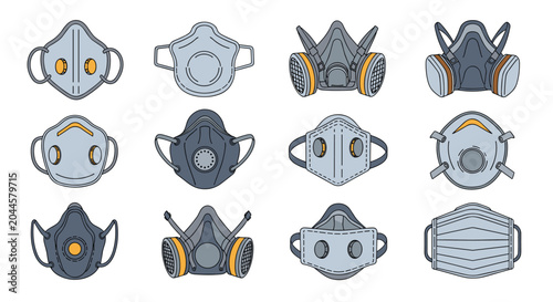 Set of different protective face masks and respirators used for safety in industrial work or medical environments.