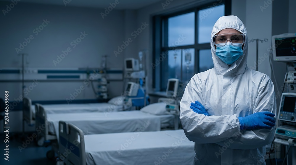 Naklejka premium Doctor wearing protective suit standing in hospital room with beds and medical equipment, healthcare worker focused on patient care and fighting virus.