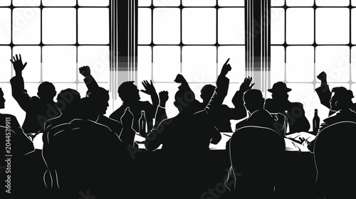 Slika na platnu Silhouetted Group of People Engaged in Discussion with Hands Raised During a Mee