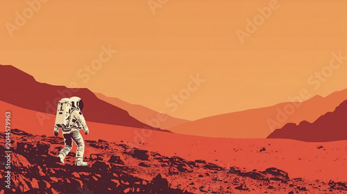 illustration retro astronaut walking in mars