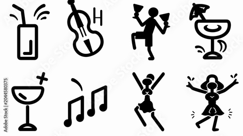 Bild auf Leinwand Stylized Icons Depicting Celebration Themes Including Drinks, Music, and Dancing