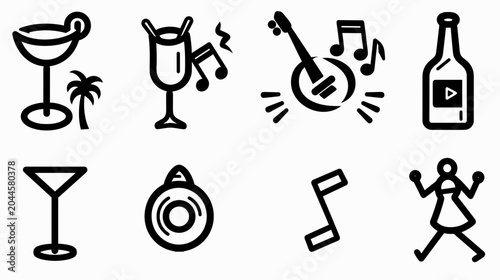 Stylized Icons Representing Refreshing Cocktails, Music Elements, and Celebration Atmosphere