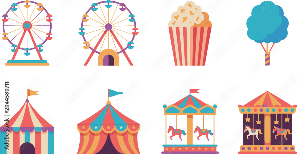 Fototapeta premium Amusement park and carnival flat vector icons set featuring ferris wheel circus tent carousel popcorn and cotton candy isolated on white background