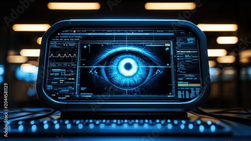 Ophthalmologist discusses eye test results with patient using advanced technology