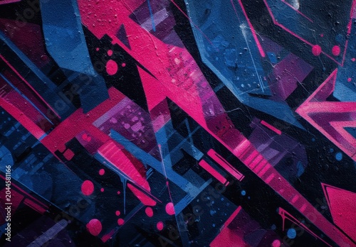Vibrant Abstract Graffiti Art With Geometric Shapes In Pink Blue And Black Colors Featuring Splatter Effects And Dynamic Lines Evoking Urban Energy