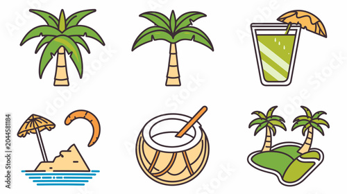 Принти на полотні Tropical Paradise Icons Featuring Palm Trees, Exotic Drink, Beach Umbrella, and