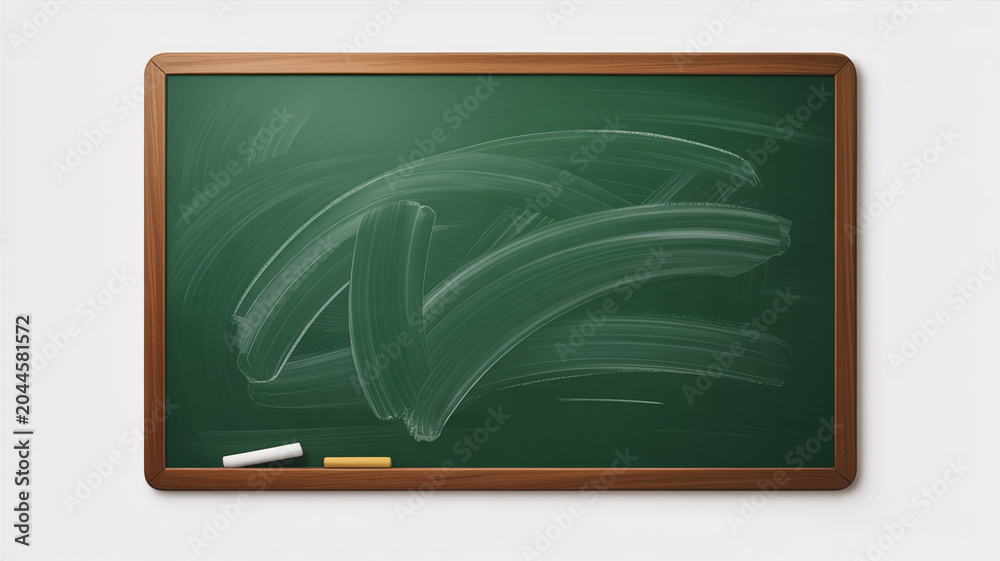 Fototapeta premium Green chalkboard with chalk smudges and two pieces of chalk on a white background