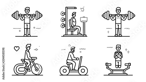 Foto Various Fitness Activities Including Weightlifting, Cardio, and Biking in a Gym