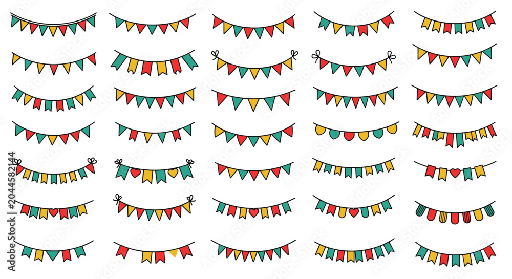 Fototapeta premium Large collection of hand-drawn colorful party bunting banners and festive flags in various shapes and patterns for decorations.