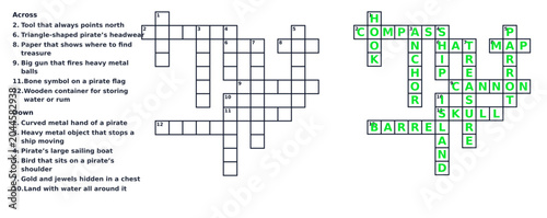 Pirate themed crossword puzzle solution sheet. Adventure vocabulary game with solved grid. Vector illustration isolated on transparent background