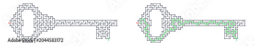 Key shaped labyrinth game grid vector. Puzzle games for workbook with solution path. Line art illustration isolated on transparent background