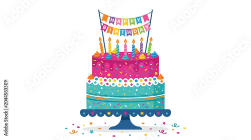 Colorful multi-layer birthday cake with candles on a cake stand and confetti.