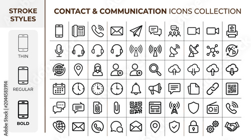 Foto Contact and communication icons collection, 54 line vector symbols in thin regul