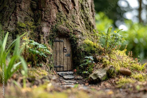 Tiny wooden fairy door nestled at the base of a moss-covered tree trunk in a lush green forest setting with soft natural light highlighting the textured bark and miniature stone pathway leading to