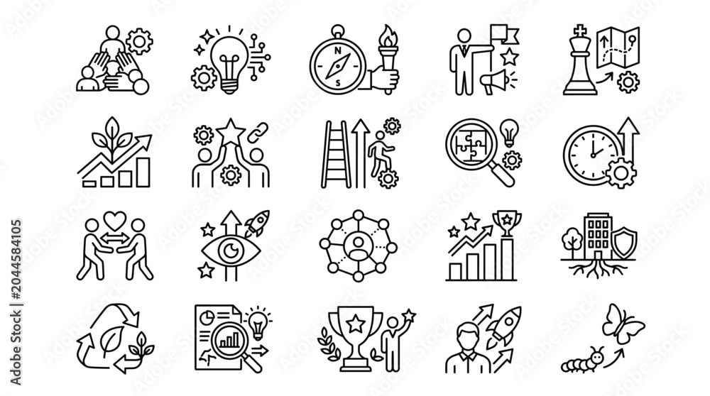 Obraz premium Business growth and leadership line icons, 20 vector elements for corporate strategy, professional development and success concepts
