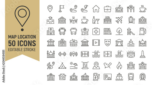 Map location 50 icons set, editable stroke line icons for navigation and travel, minimalist city landmarks and destination vector symbols