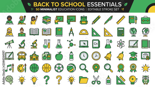 Back to school essentials icon set, 50 minimalist education icons with editable stroke, green and yellow school supplies vector collection