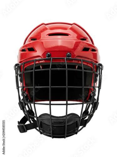 Close-up of a red sports helmet with black cage and chin strap on white background