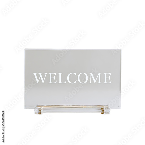 Small acrylic sign for the front desk with the text 