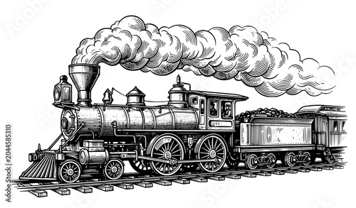Bild auf Leinwand Classic Steam Locomotive Vintage Railway Engraving Vector Illustration
