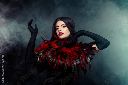 Mysterious Woman in Elegant Costume Featuring Feathers and Glamorous Makeup, Surrounded by Smoke