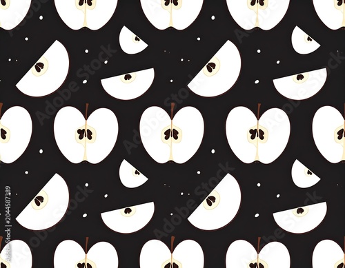 Black background pattern with white apple slices and small dots scattered across the surface. Simple, repeat design