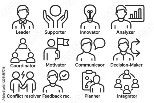 Outline icons of professional roles and skills in leadership and teamwork