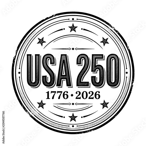 Vintage USA 250 round postal stamp emblem.
Black and white distressed circular ink stamp celebrating the United States 250th anniversary.