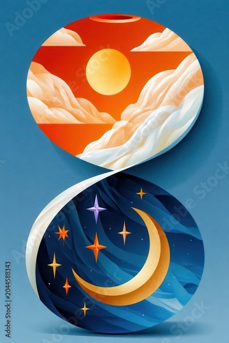 Whimsical hourglass illustration showing day to night transition with sun, clouds, moon and stars