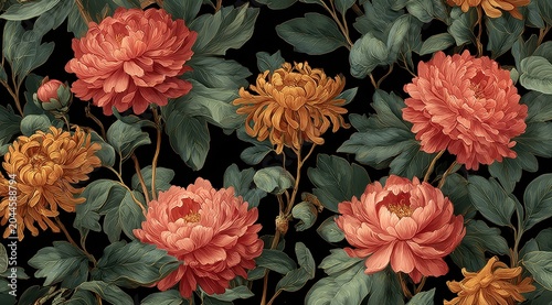 Vibrant Autumn Floral Pattern with Coral Peonies and Golden Mums on Black Background Detailed Botanical Illustration with Textured Petals and Lush Green Foliage Accented by Golden Sprinkles