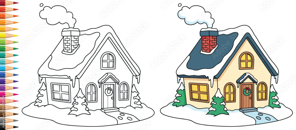 Fototapeta premium Christmas snow house with cozy winter decorations for kids coloring page