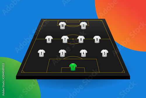Bilde på lerret Football soccer lineup formation vector template featuring players jersey shirts on a 3D isometric dark pitch with colorful abstract background