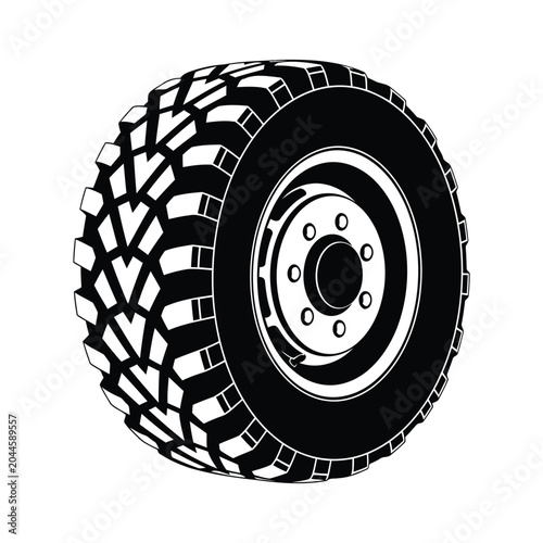 Heavy duty offroad truck tire vector illustration isolated on white background. Black and white all terrain vehicle wheel icon for 4x4 suv, mud terrain tire tread pattern, automotive garage clipart.