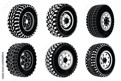 фотографія Collection of offroad truck tire vector illustrations isolated on white background