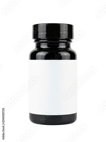 A black plastic supplement bottle with a blank white label on a plain white background.