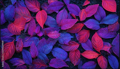 Vibrant Autumn Leaves Displaying Intense Pink and Blue Hues Against a Dark Textured Background with Dramatic Contrasting Illumination