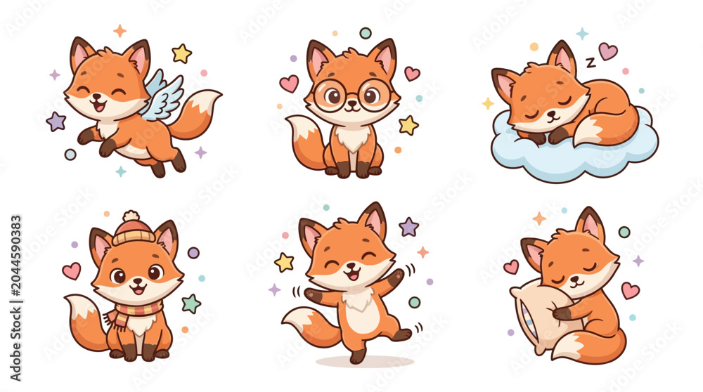 Fototapeta premium Cute cartoon fox sticker set with various poses and expressions
