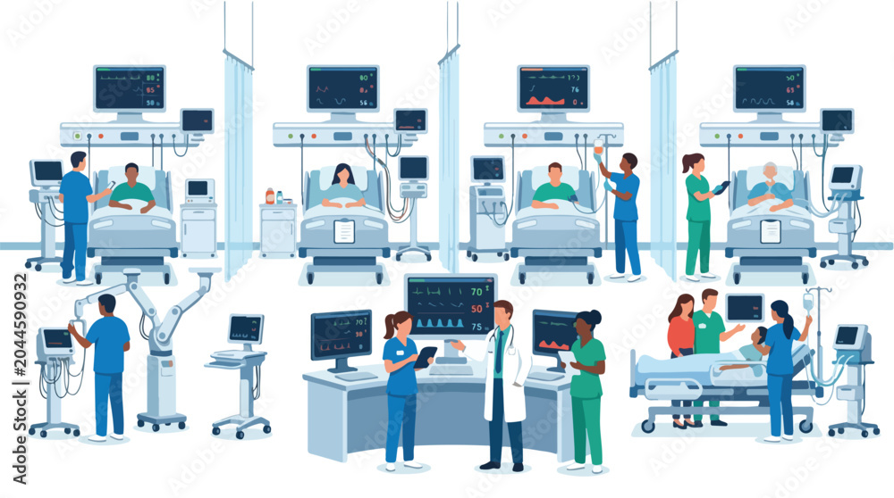 Fototapeta premium Medical intensive care unit with doctors and nurses caring for patients.