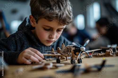 Young Engineer: A focused young boy meticulously assembles a wooden airplane model, surrounded by scattered parts and other miniature aircraft, highlighting creativity and concentration.