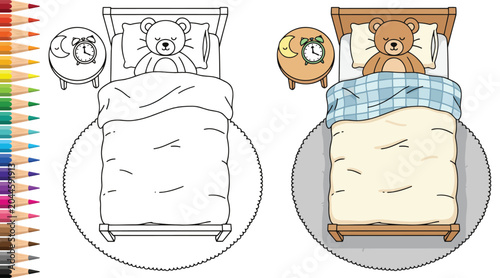 Schilderij op canvas Teddy bear sleeping peacefully in a cozy bed with blanket in a cute coloring pag