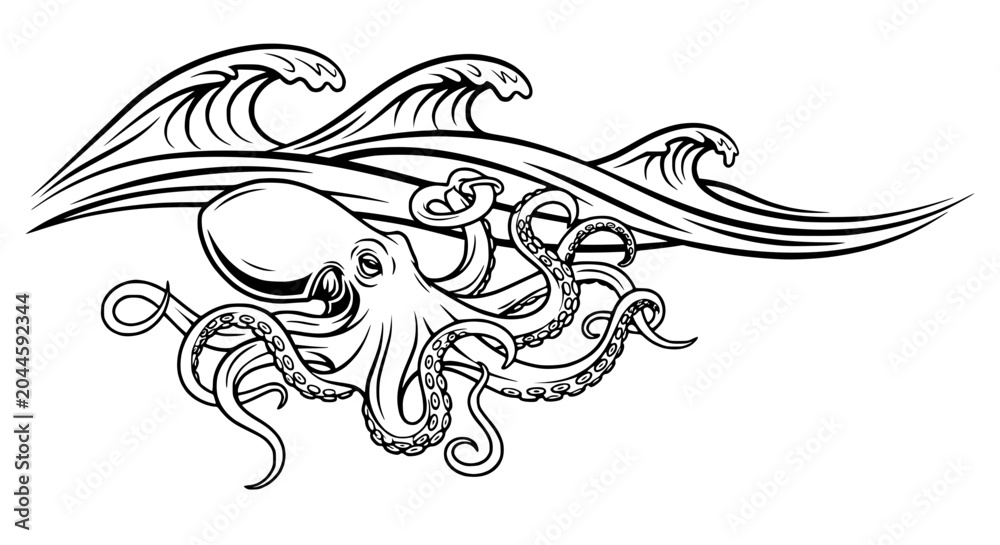 Fototapeta premium Octopus in Ocean Waves Tattoo Design