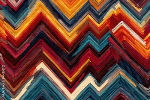 Vibrant Chevron Pattern Textile Texture with Rich Red Gold Blue and Cream Hues Dynamic Zigzag Design with Detailed Brushstroke Effect and Sparkle Accents