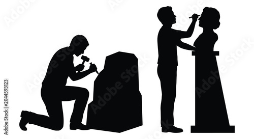 Tableau sur toile sculptor carving stone and makeup artist applying cosmetics silhouette black whi
