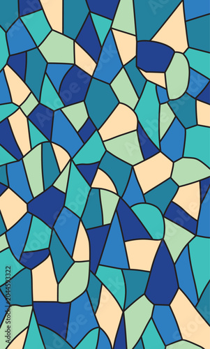 Abstract blue geometric mosaic background. Seamless stained glass vector pattern with cold ocean tones, chaotic polygonal shapes and black lines