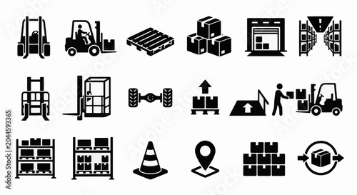 Forklift Material Handling Glyph Icon Set for Warehouse Logistics