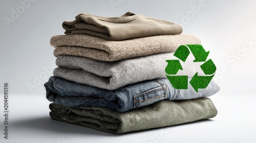 Stack of folded second hand clothes with a green recycling symbol above. AI generated image