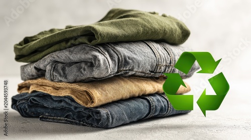 Stack of folded second hand clothes with a green recycling symbol above. AI generated image