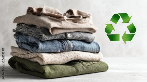 Stack of folded second hand clothes with a green recycling symbol above. AI generated image