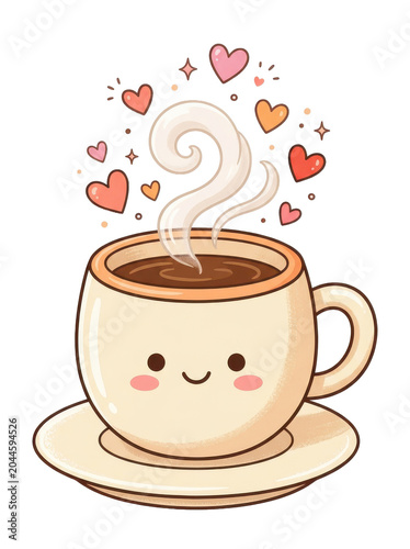 A cheerful cartoon coffee cup with a smiling face and hearts rising from it on a white background.