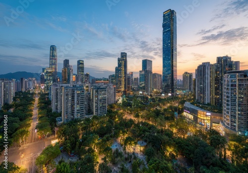 Vibrant Cityscape at Dusk with Illuminated Skyscrapers Lush Green Park and Busy Street Reflecting Urban Energy and Modern Development